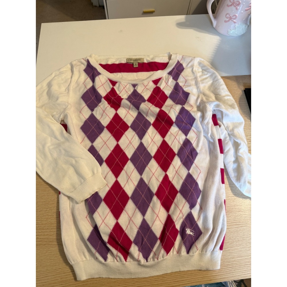 Burberry London Womens Pink Purple Argyle Striped Cotton Sweater Made in Italy M